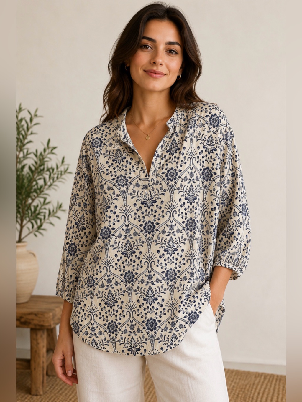 Joie Blouse 100% Linen Blue & White Print 3 1/4 Sleeve 3x Euc Boho Cottagecore